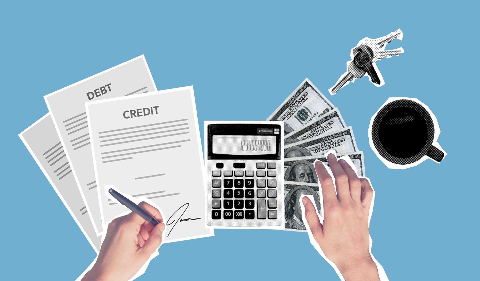 Overhead view of a loan agreement being signed beside cash and a paper cutout of an apartment