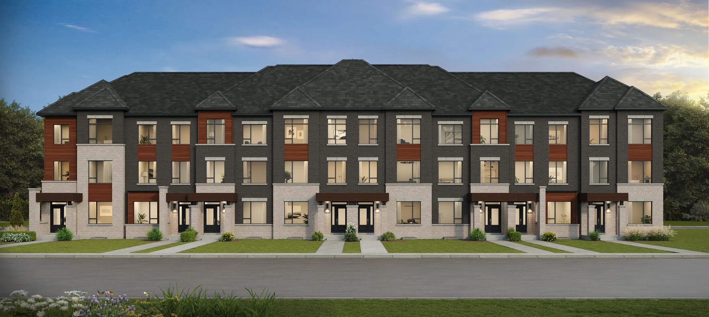 Architectural rendering of the front elevation of Andrin’s 19 ft three storey rear lane towns at Glenway Townhomes in Newmarket, elevation B
