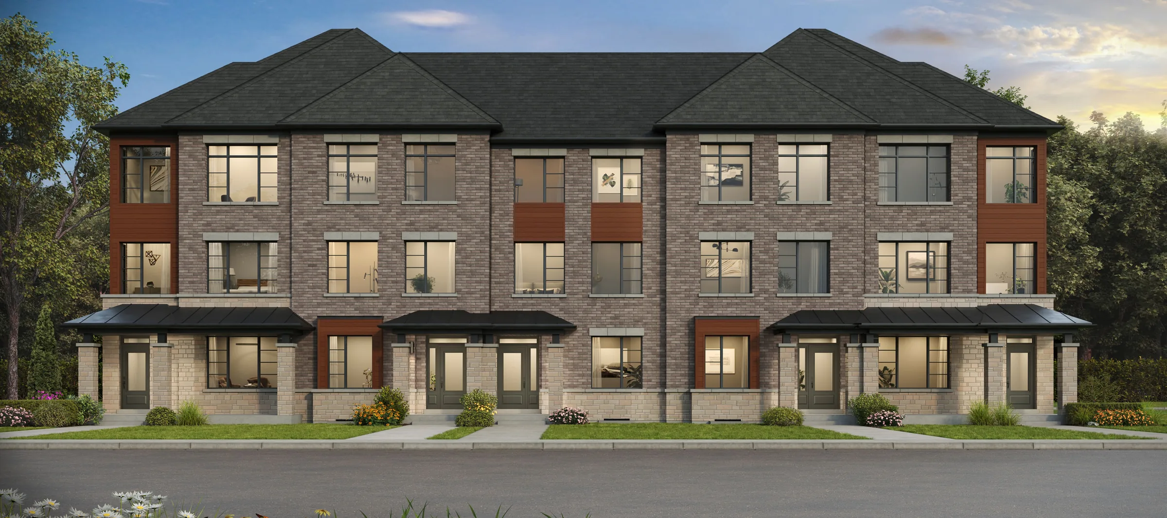 Architectural rendering of the front elevation of Andrin’s 18 ft three storey towns at Glenway Townhomes in Newmarket, elevation A