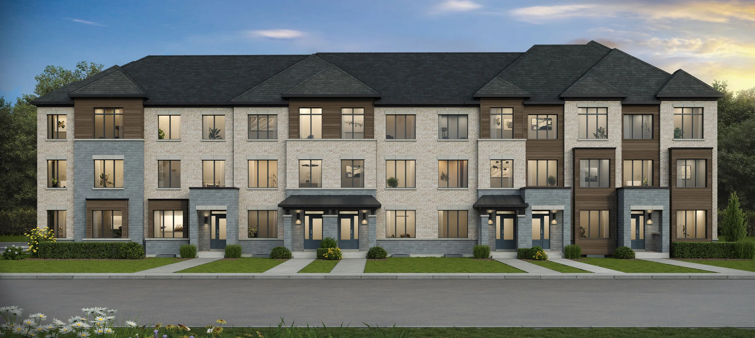 Architectural rendering of the front elevation of Andrin’s 19 ft three storey rear lane towns at Glenway Townhomes in Newmarket, elevation A
