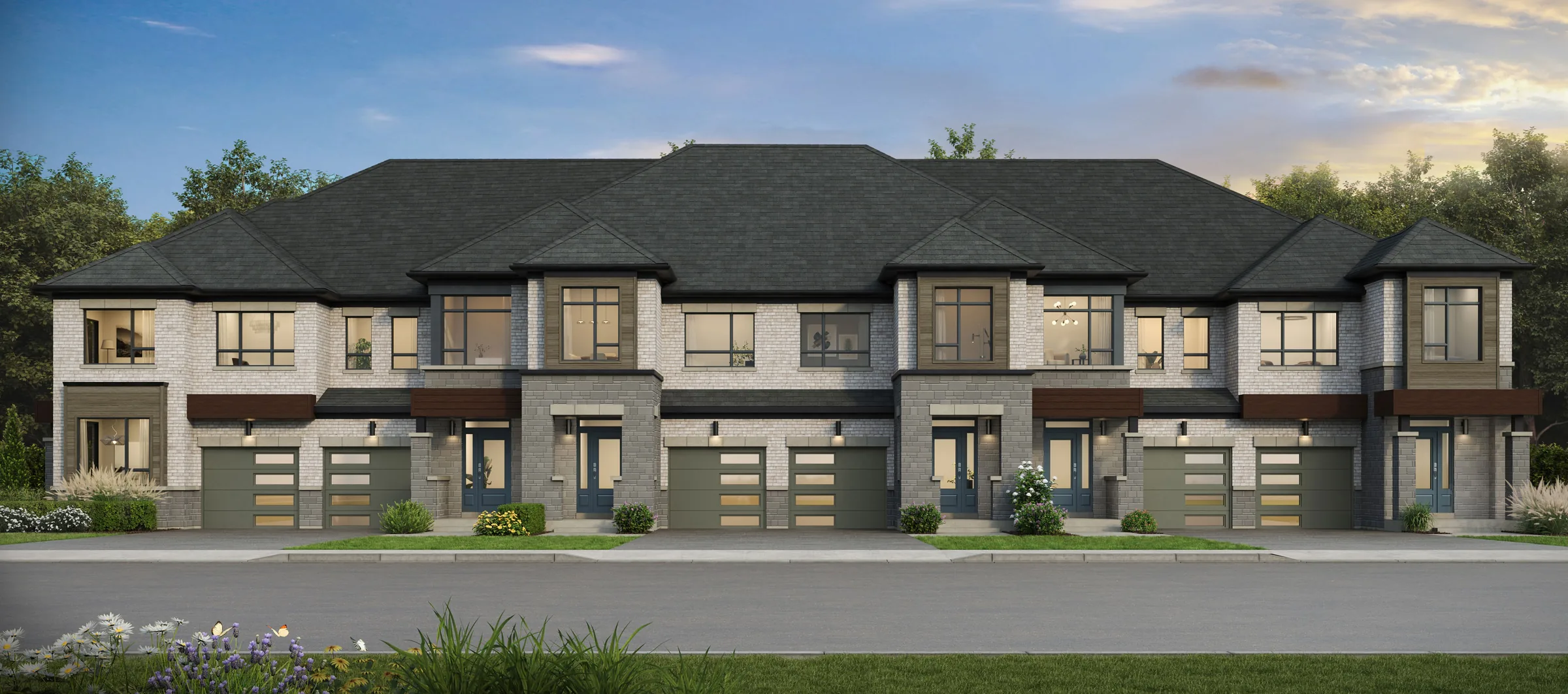 Architectural rendering of the front elevation of Andrin’s 20 ft two storey rear yard towns at Glenway Townhomes in Newmarket, elevation B