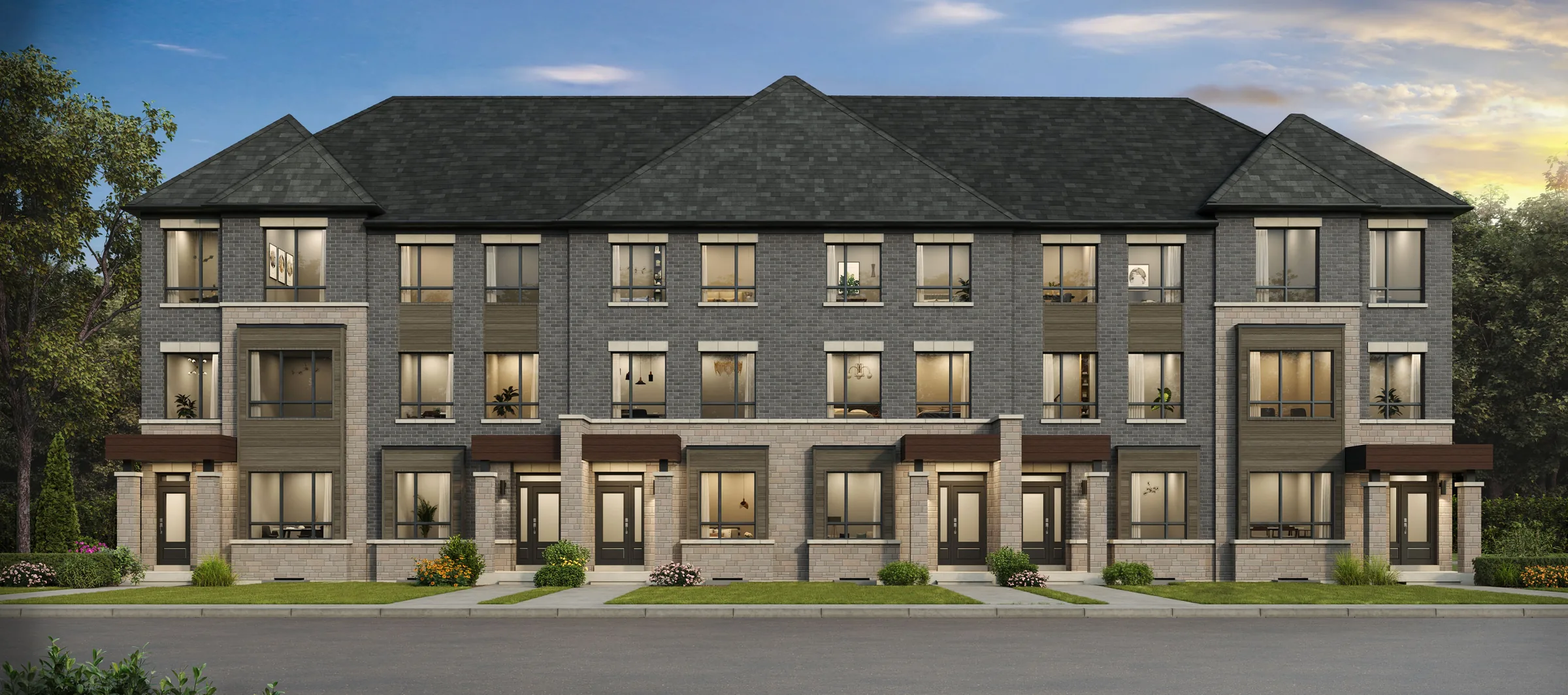 Architectural rendering of the front elevation of Andrin’s 18 ft three storey towns at Glenway Townhomes in Newmarket, elevation B