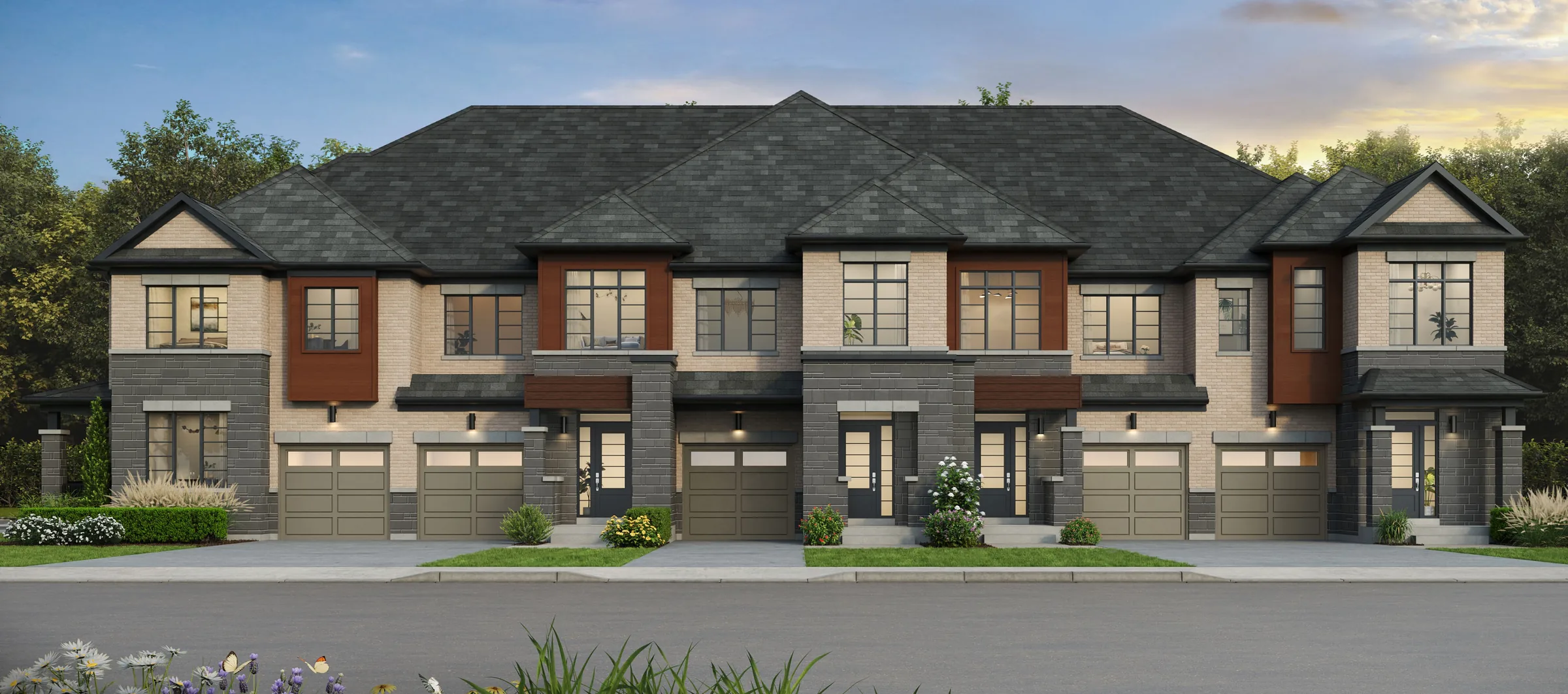 Architectural rendering of the front elevation of Andrin’s 20 ft two storey rear yard towns at Glenway Townhomes in Newmarket, elevation A